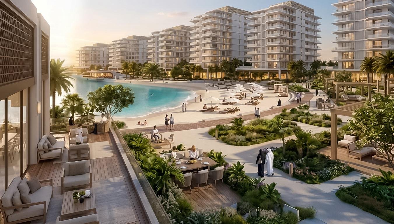 Yas Canopies waterfront façade showcasing garden‑led architecture, shaded walkways, and premium resort‑style living at Yas Island’s northern gateway.