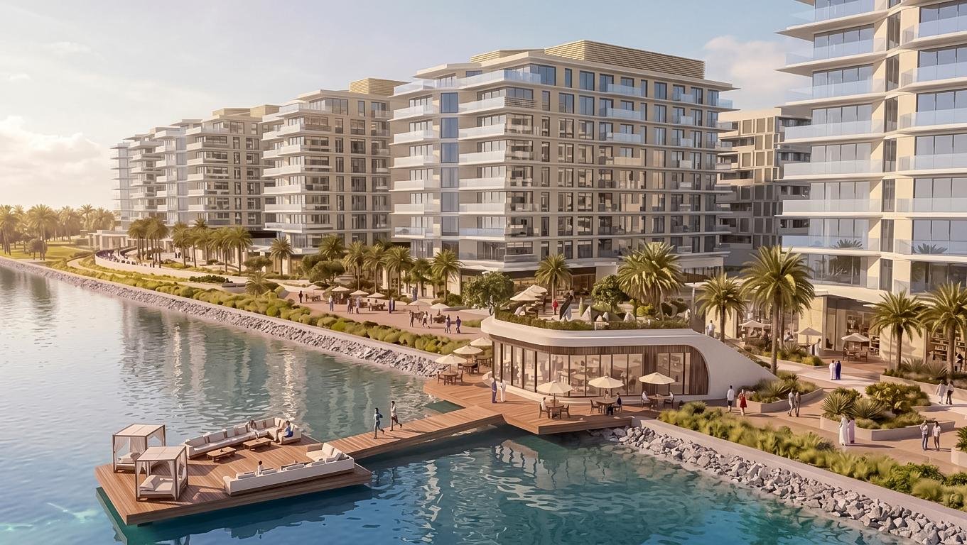Elevated community view of Yas Canopies featuring landscaped gardens, vibrant promenade access, and modern residential design near the beach.
