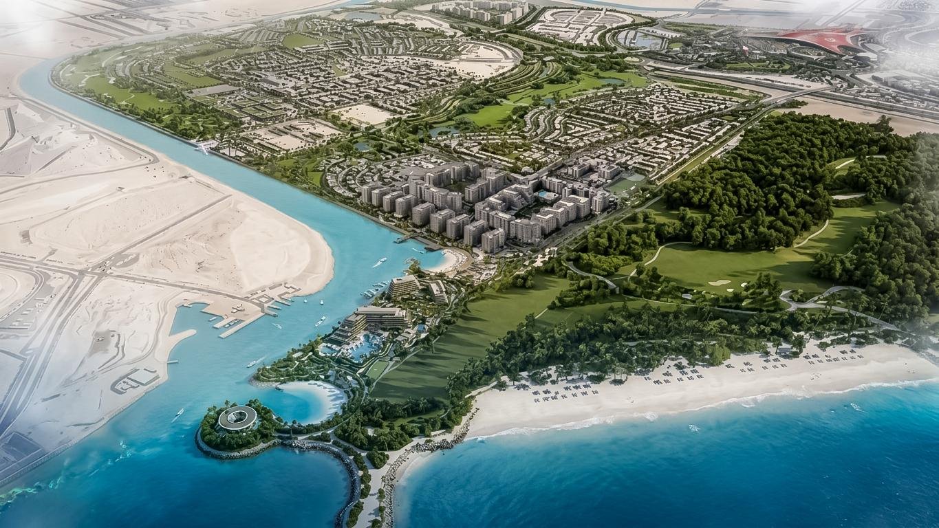 Elevated community view of Yas Canopies featuring landscaped gardens, vibrant promenade access, and modern residential design near the beach.